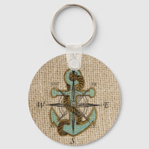 Boho chic burlap nautischer Kompass Blue Anker Schlüsselanhänger
