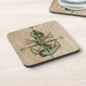 Boho chic burlap nautischer Kompass Blue Anker Untersetzer (Linke Seite)