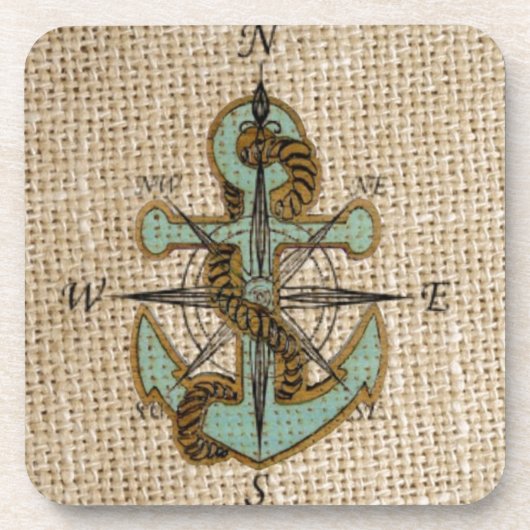 Boho chic burlap nautischer Kompass Blue Anker Untersetzer (Vorderseite)