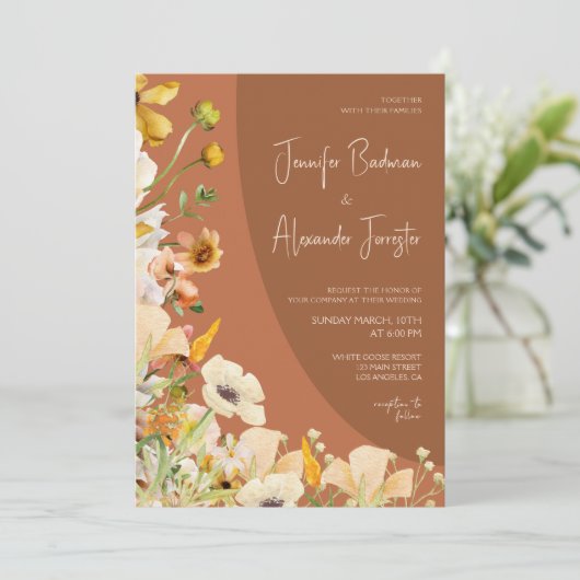 Boho Chic Burnt Orange Rust Terracotta Wedding Einladung (Stehend Vorderseite)