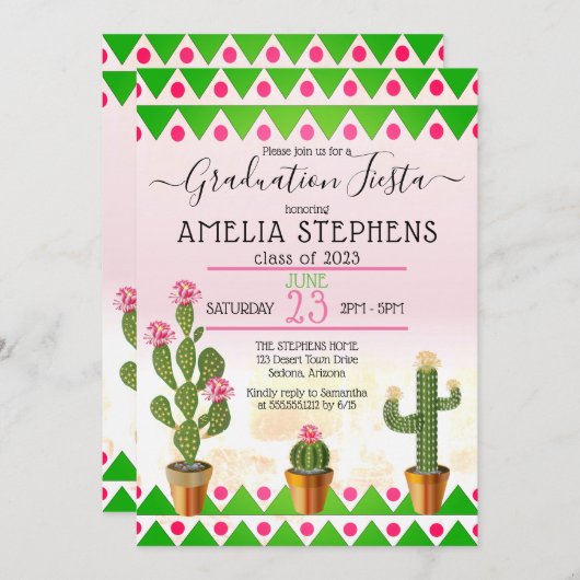 Boho Chic Cactus Fiesta Graduation Party Einladung (Vorne/Hinten)