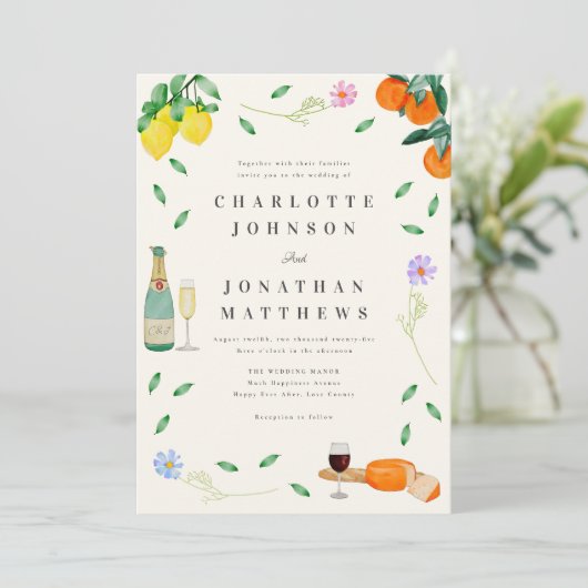 Boho Chic Citrus Rustic Summer Wedding Einladung (Stehend Vorderseite)