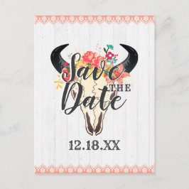 Boho Chic Cow Skull Floral Bouquets Save the Date Ankündigungspostkarte