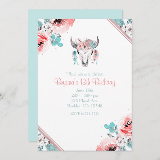 Boho Chic Cow Skull Floral Geburtstag Einladung (Vorne/Hinten)