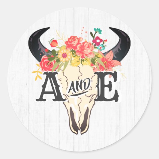 Boho Chic Cow Skull Floral Rustic Monogram Wedding Runder Aufkleber (Vorderseite)