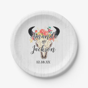 Boho Chic Cow Skull Floral Rustic Wedgram Pappteller