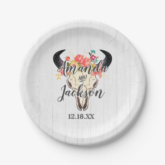 Boho Chic Cow Skull Floral Rustic Wedgram Pappteller (Vorderseite)