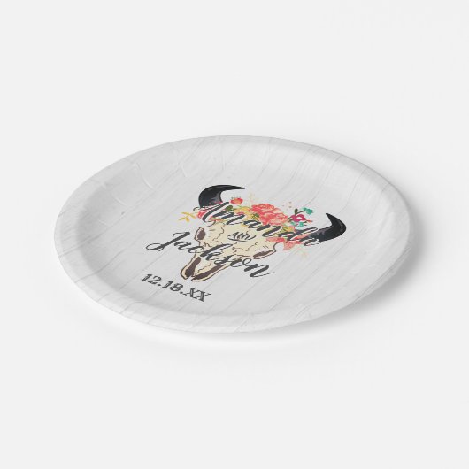 Boho Chic Cow Skull Floral Rustic Wedgram Pappteller (Schrägansicht)