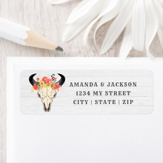 Boho Chic Cow Skull Floral Wedding Rücksendeadress (Insitu)