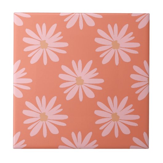 BOHO Chic Daisy Muster Peach Orange Retro Floral Fliese (Vorderseite)