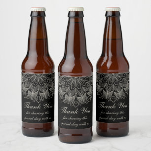Boho-Chic-Dankeschön-Mandala-indische-schwarze-Hoc Bierflaschenetikett
