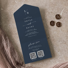 Boho Chic Dark Navy Blue Dual QR Code Hochzeit All In One Einladung