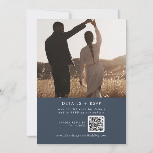 Boho Chic Dark Navy Blue Foto QR Code Hochzeit Einladung (Rückseite)