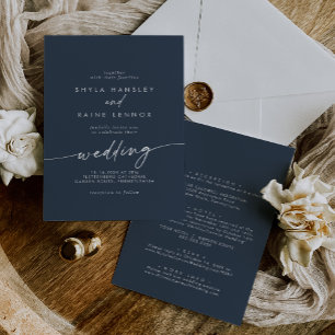 Boho Chic Dark Navy Blue Front and Back Wedding Einladung