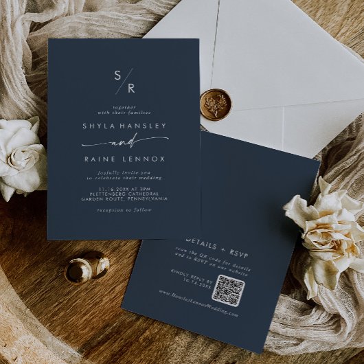 Boho Chic Dark Navy Blue Monogram QR Code Wedding Einladung