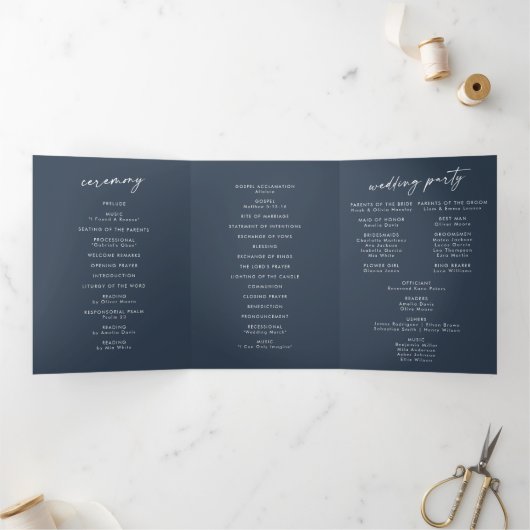 Boho Chic Dark Navy Blue Monogram Wedding Dreifach-gefaltete Programmkarte (Innenseite)