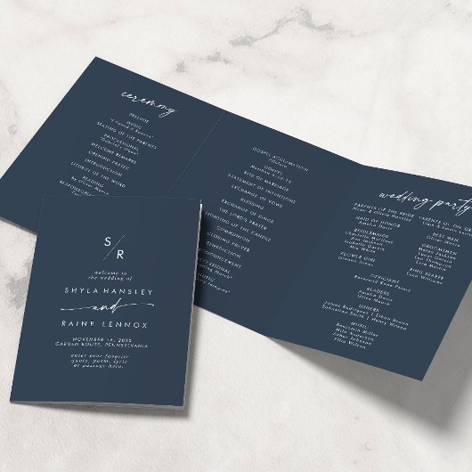 Boho Chic Dark Navy Blue Monogram Wedding Dreifach-gefaltete Programmkarte