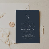 Boho Chic Dark Navy Blue Monogram Wedding Einladung