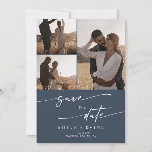 Boho Chic Dark Navy Blue Multi Foto QR Code Save The Date (Vorderseite)