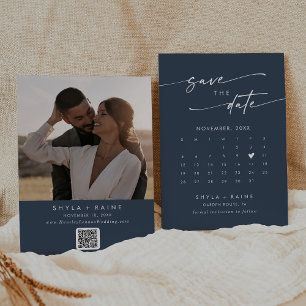 Boho Chic Dark Navy Blue QR Foto Calendar Save The Date