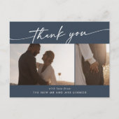 Boho Chic Dark Navy Blue Wedding Foto Vielen Dank Postkarte (Vorderseite)