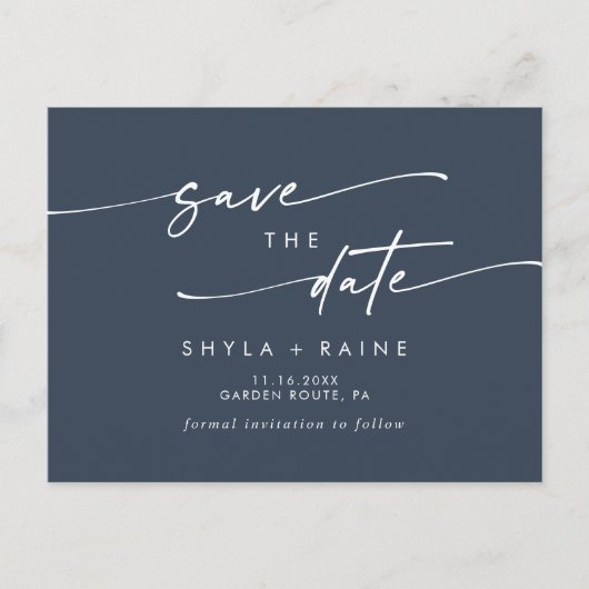 Boho Chic Dark Navy Blue Wedding Save the Date Einladungspostkarte (Vorderseite)
