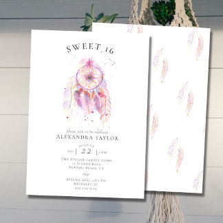 Boho Chic Dream Catcher Pink Wasserfarbe Süß 16 Einladung