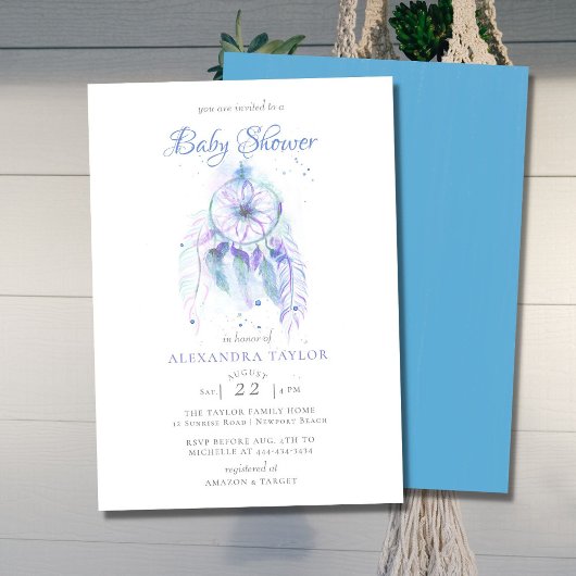 Boho Chic Dreamcatcher Blue Lila Boy Baby Shower Einladung