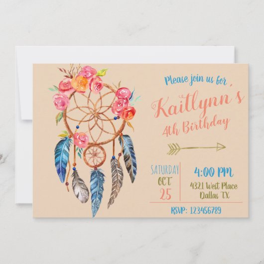 Boho chic Dreamcatcher Geburtstag Einladung (Vorderseite)