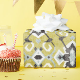 Boho-chic dunkelgrau und gelbes Ikat-Stammesmuster Geschenkpapier