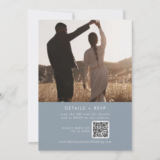 Boho Chic Dusty Blue Foto QR Code Wedding Einladung (Rückseite)