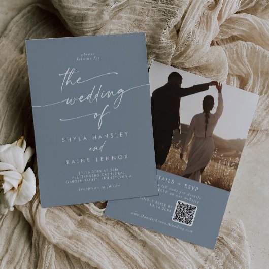 Boho Chic Dusty Blue Foto QR Code Wedding Einladung