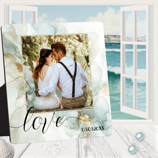 Boho Chic Dusty Blue Gold Foto Plaque Fotoplatte