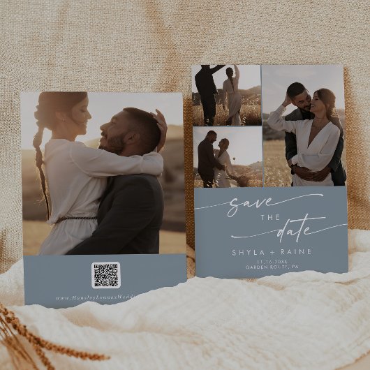 Boho Chic Dusty Blue Multi Foto QR Code Save The Date