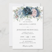 Boho Chic Dusty Blue Pink Navy Blumenzange Hochzei Einladung (Vorderseite)