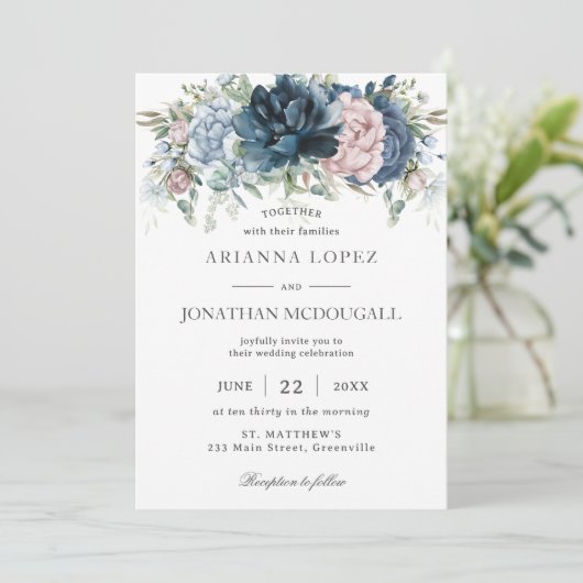 Boho Chic Dusty Blue Pink Navy Blumenzange Hochzei Einladung (Stehend Vorderseite)