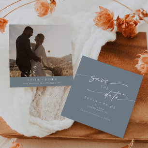 Boho Chic Dusty Blue Square Foto Zurück Save The Date