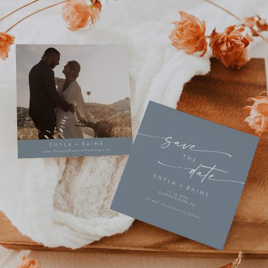 Boho Chic Dusty Blue Square Foto Zurück Save The Date
