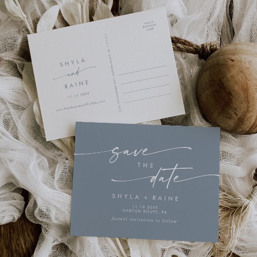 Boho Chic Dusty Blue Wedding Save the Date Einladungspostkarte