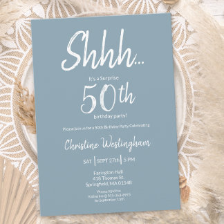 Boho Chic Dusty Blue Weiß Überraschung 50. Geburts Einladung