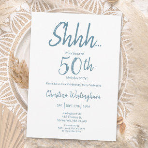 Boho Chic Dusty Blue Weiße Überraschung 50. Geburt Einladung