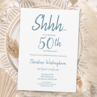 Boho Chic Dusty Blue Weiße Überraschung 50. Geburt Einladung