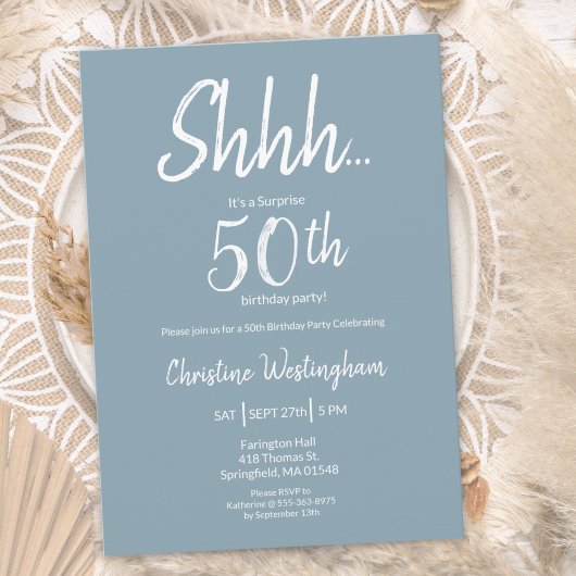 Boho Chic Dusty Blue White Surprise 50th Birthday Einladung
