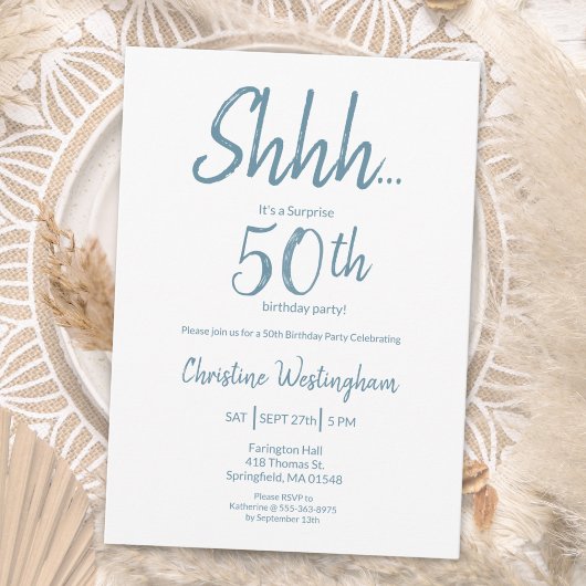 Boho Chic Dusty Blue White Surprise 50th Birthday Einladung