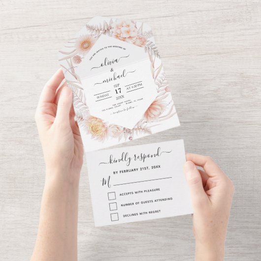 Boho Chic Dusty Pink Wüste Wedding RSVP All In One Einladung (Abreißen)