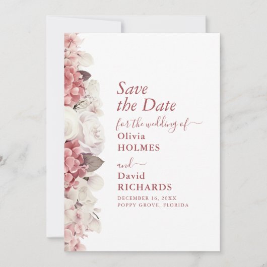 Boho Chic Dusty Rose Hydrangea Wedding Save The Date (Vorderseite)