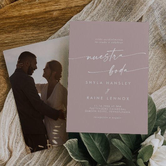 Boho Chic Dusty Rose Pink Foto Spanische Hochzeit Einladung