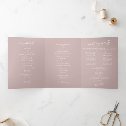 Boho Chic Dusty Rose Pink Monogram Wedding Dreifach-gefaltete Programmkarte (Innenseite)