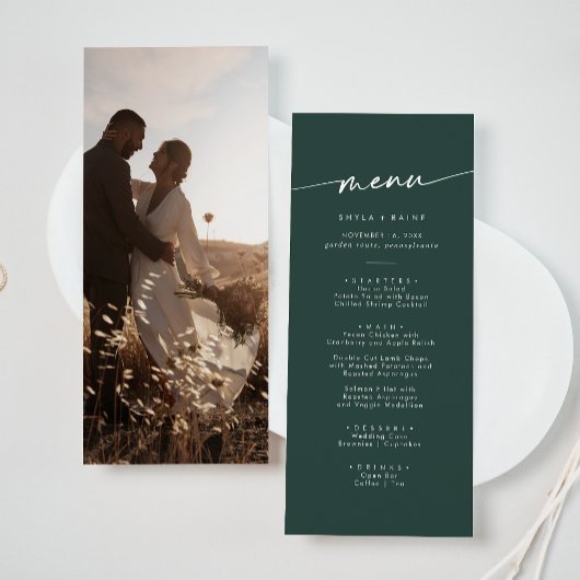 Boho Chic Emerald Green Foto Wedding Menükarte
