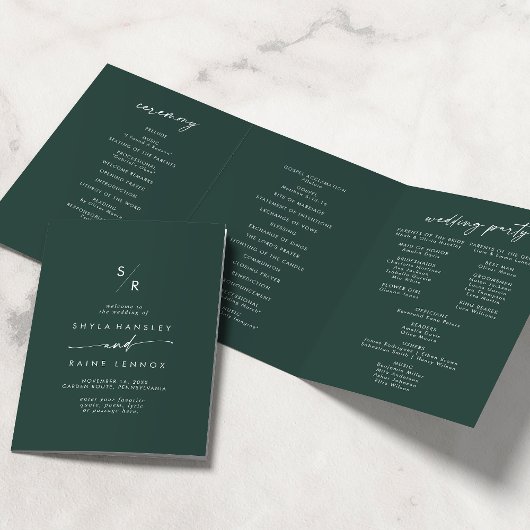 Boho Chic Emerald Green Monogram Wedding Dreifach-gefaltete Programmkarte